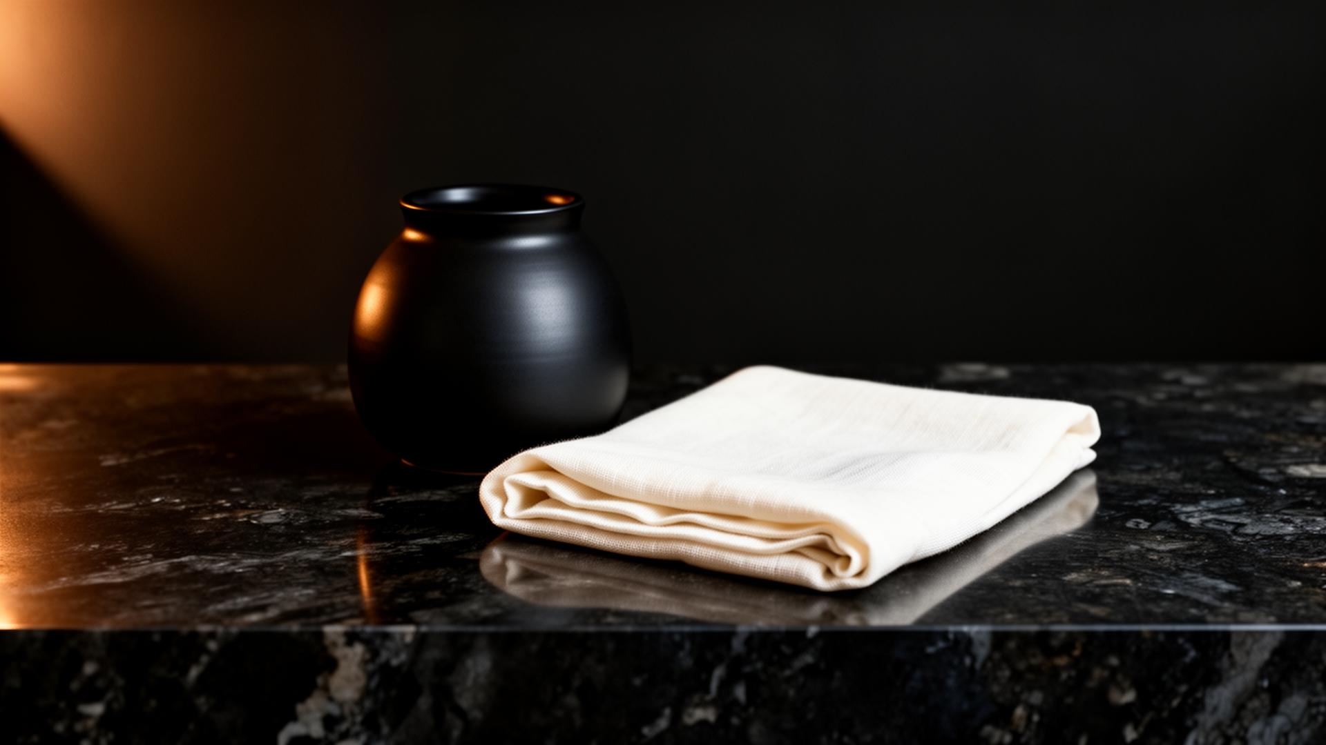 Matte black vessel and folded linen on dark stone — editorial still life